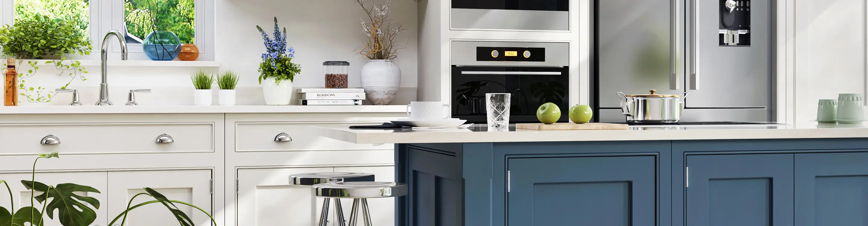 black and white mosaice tile flooring in kitchen with white and blue cabinets